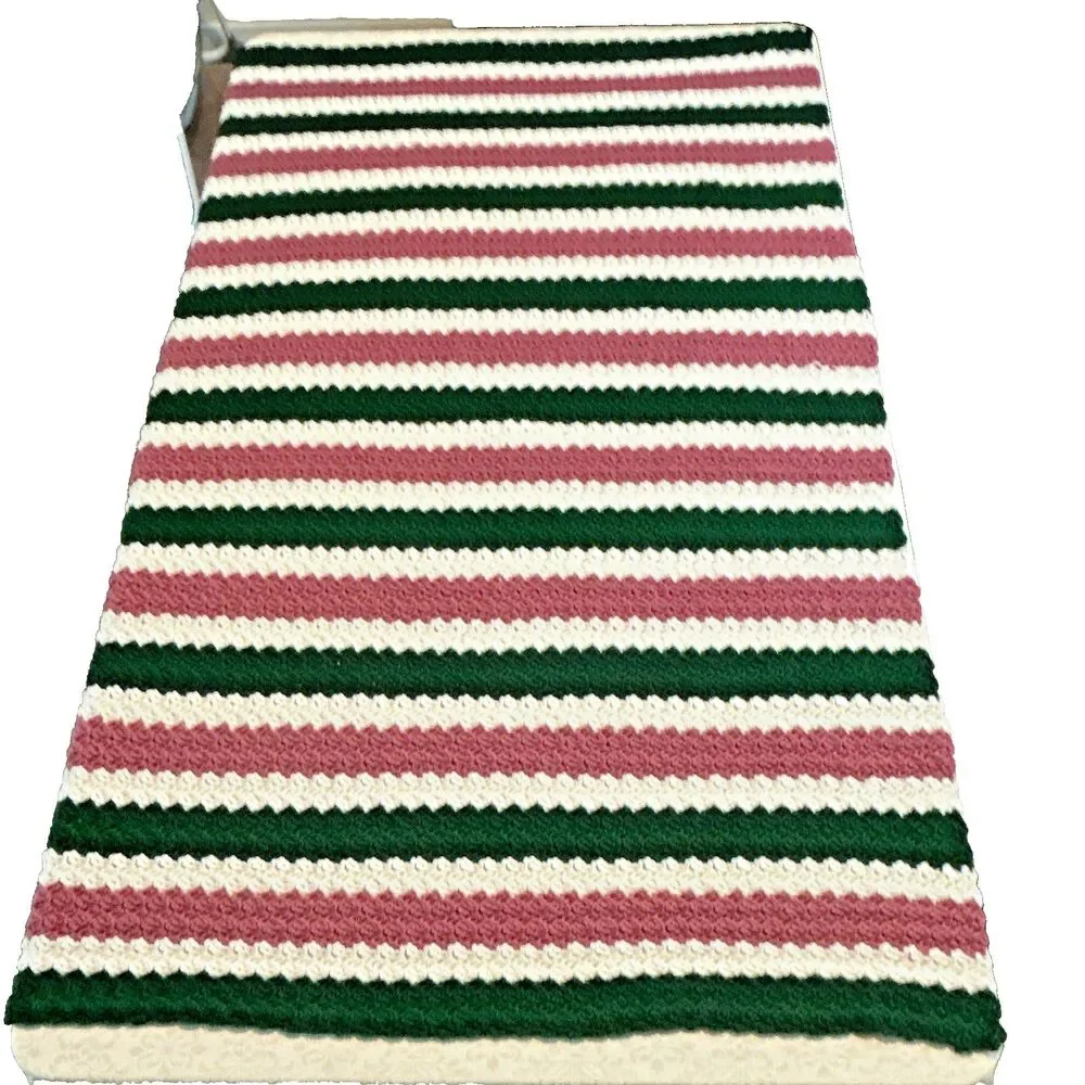 Handmade Crochet Striped Bed Throw Blanket Green White Mauve 48 x 65 in